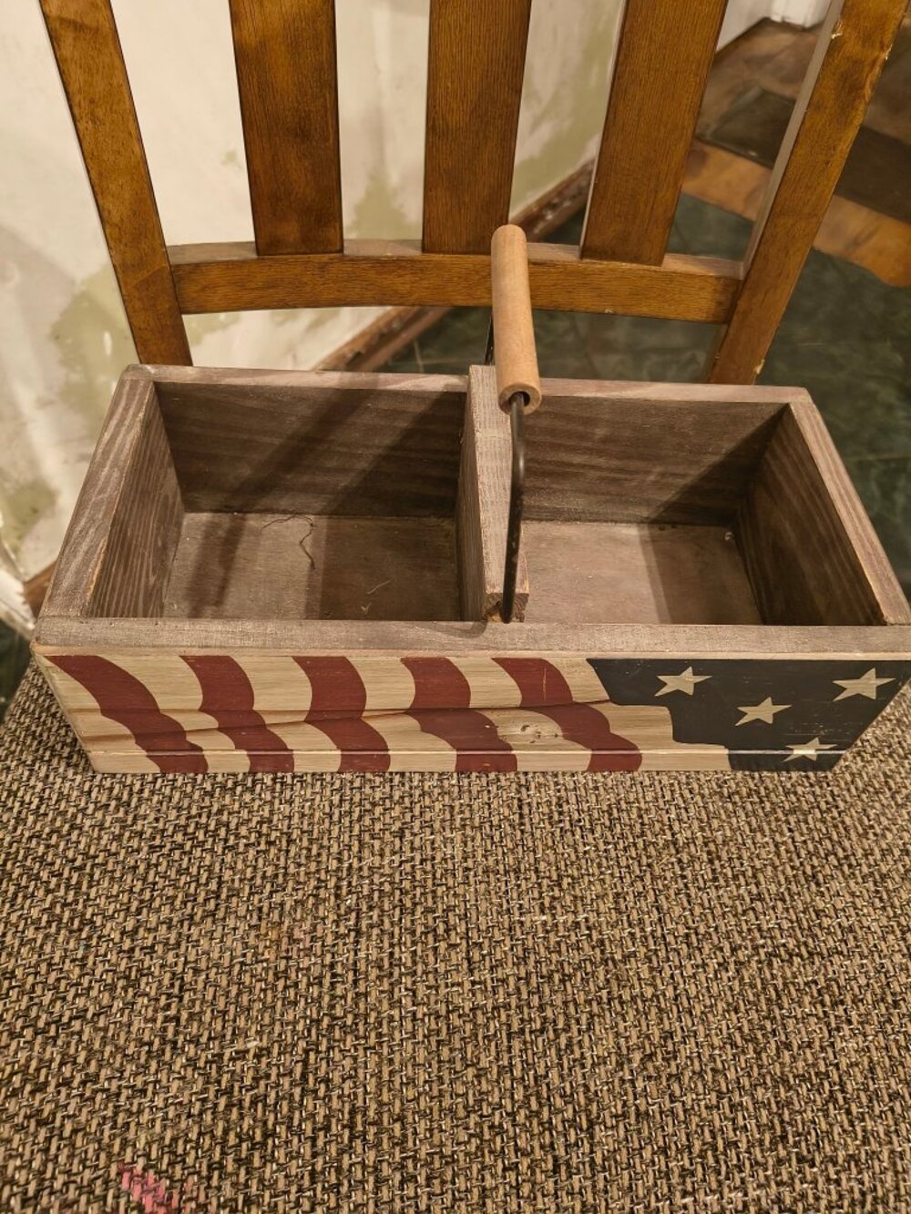 American Flag Wooden Utensil Caddy Tool Box Primitive Americana Decor